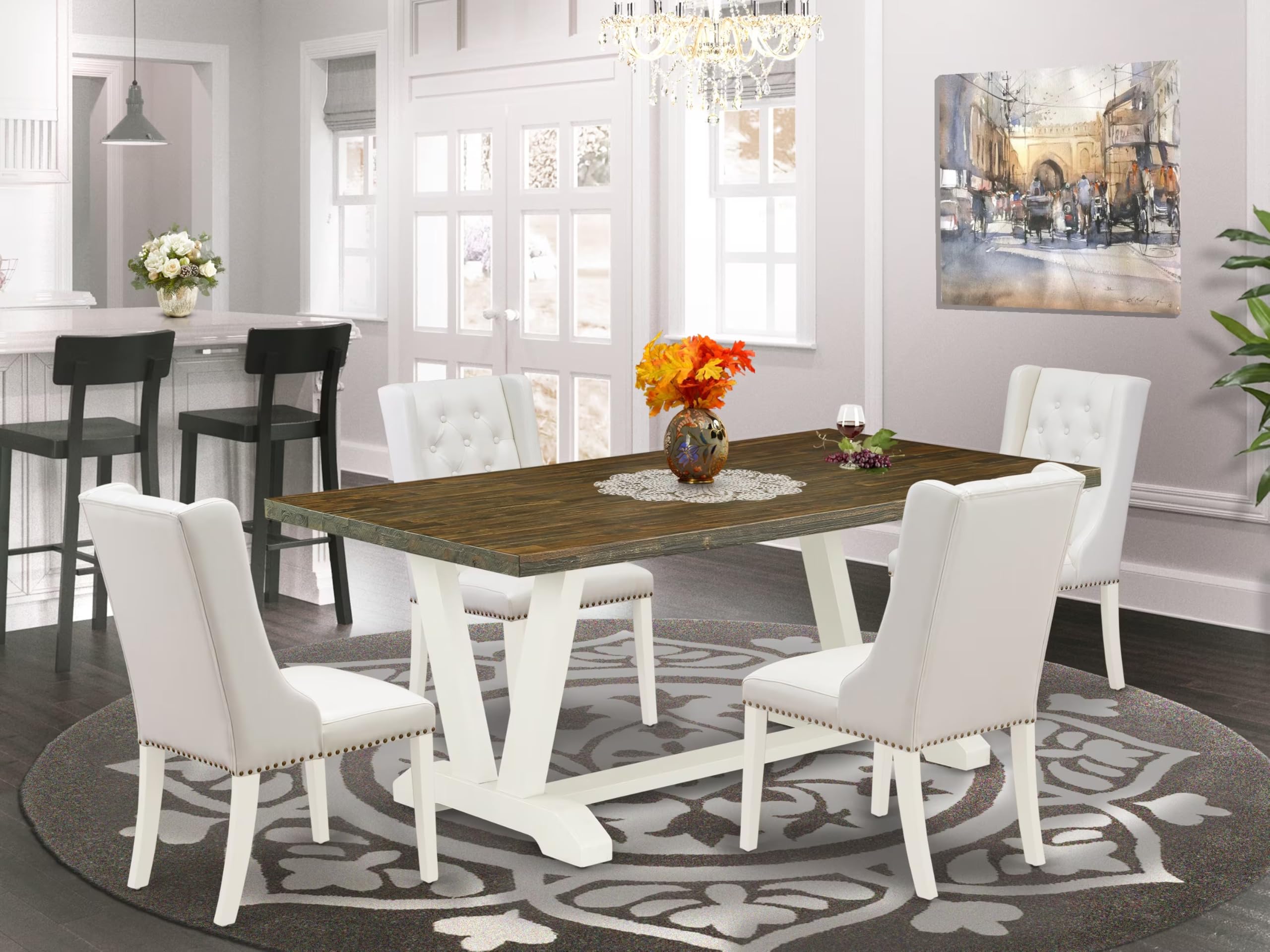 East West Furniture V077FO244-5 5 Piece Modern Dining Table Set Includes a Rectangle Wooden Table with V-Legs and 4 Light Grey Faux Leather Upholstered Chairs, 40x72 Inch, Multi-Color